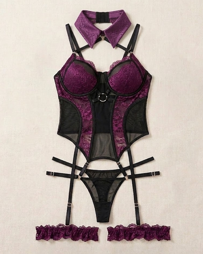 Lace Mesh Patchwork Crisscross Lingerie Bodysuit