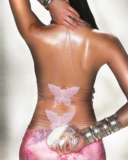 Sexy Halter Tie Backless Butterfly Detail Printed Bodycon Dress