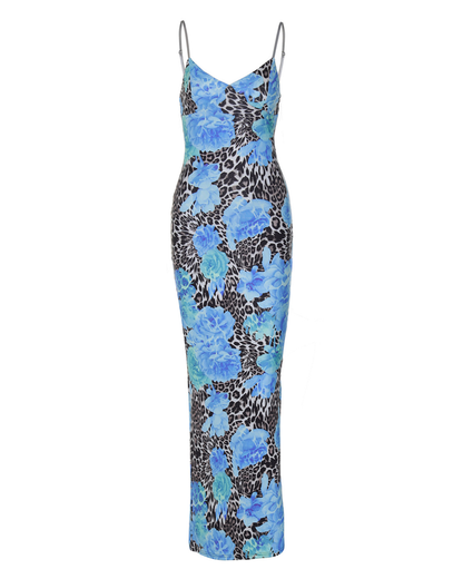 Leopard Print Contrast Color Spaghetti Strap Slim Fit Dress