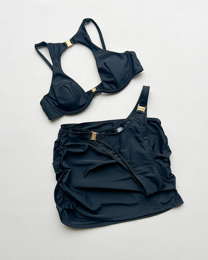 Sexy Metal Buckle Cut-Out Bikini Set with Cover-Up Skirt