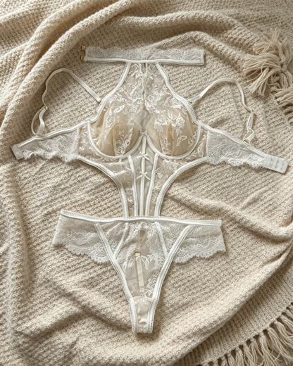 Sexy Embroidered Mesh Underwire Backless Bodysuit