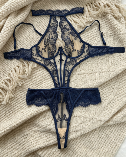 Sexy Embroidered Mesh Underwire Backless Bodysuit