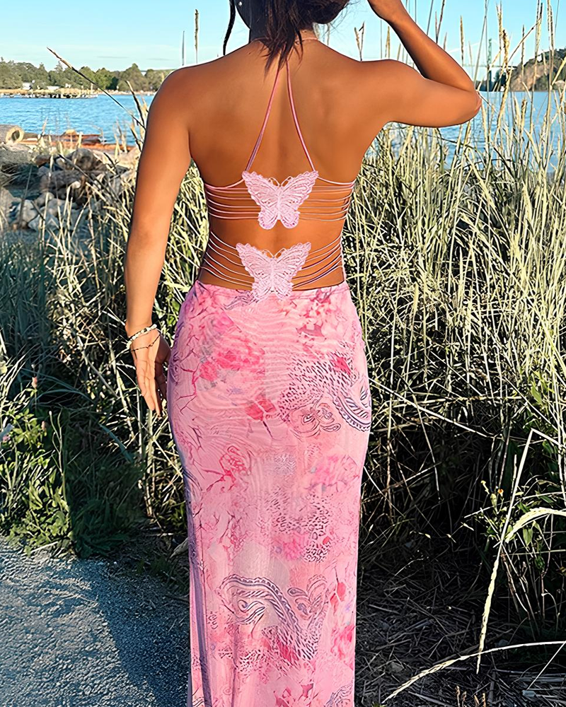 Sexy Halter Tie Backless Butterfly Detail Printed Bodycon Dress