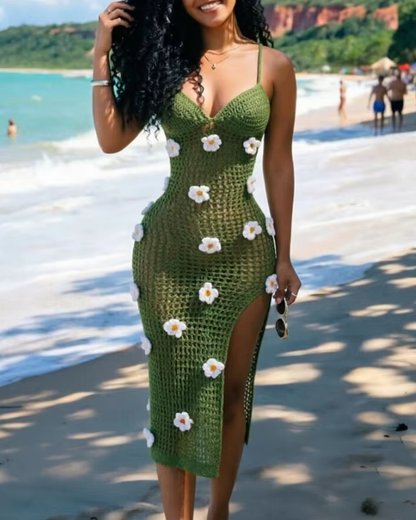 Women’s Knitted Crochet Spaghetti Strap Slit Beach Maxi Dress