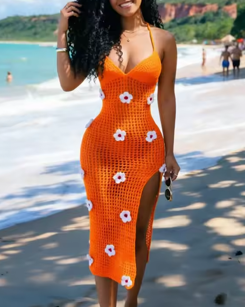 Women’s Knitted Crochet Spaghetti Strap Slit Beach Maxi Dress