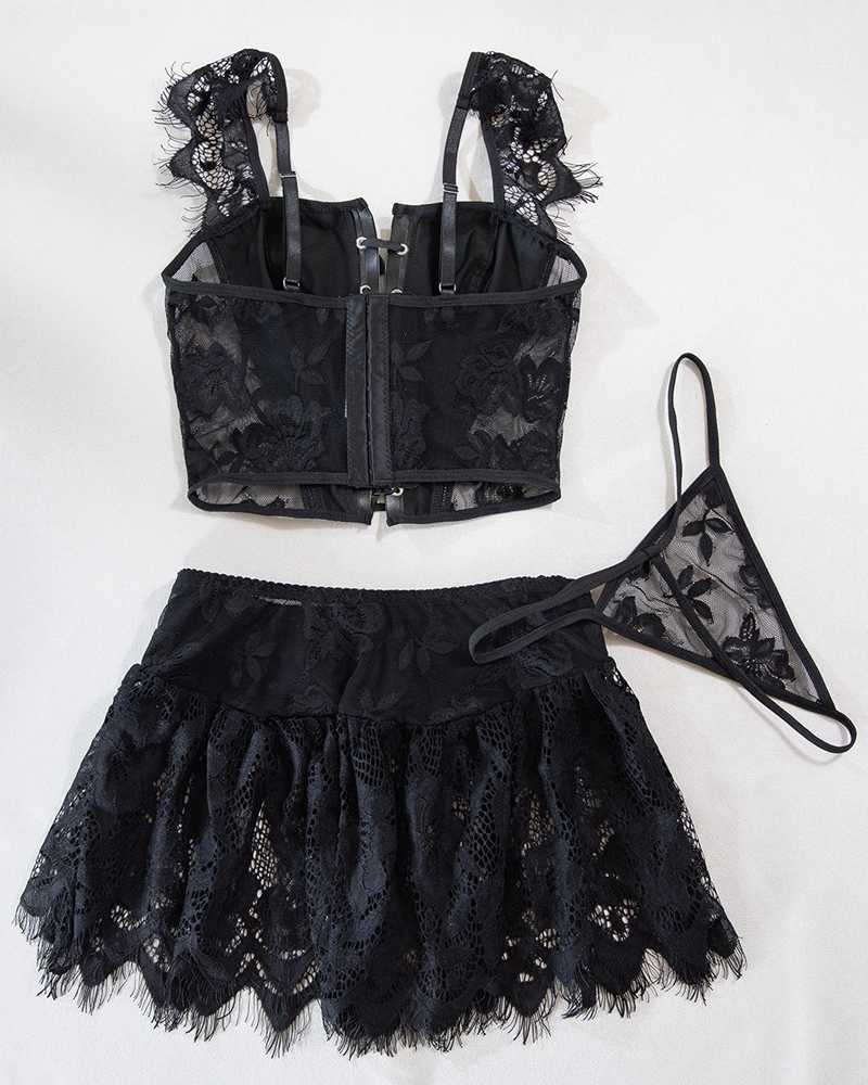 Leather Lace Patchwork Adjustable Strappy Lingerie Set