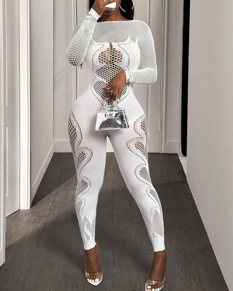 Lace mesh hollow-out high-stretch sheer jumpsuit