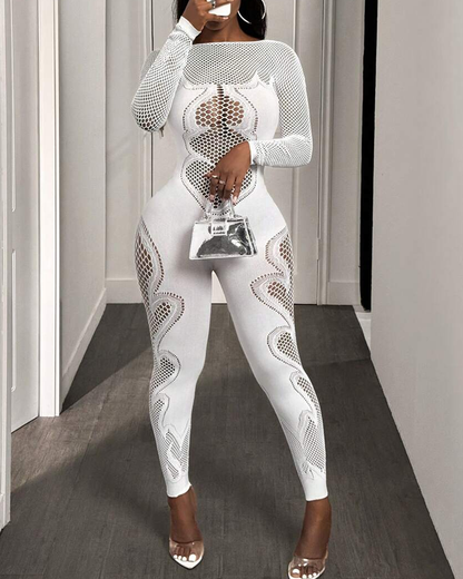 Lace mesh hollow-out high-stretch sheer jumpsuit