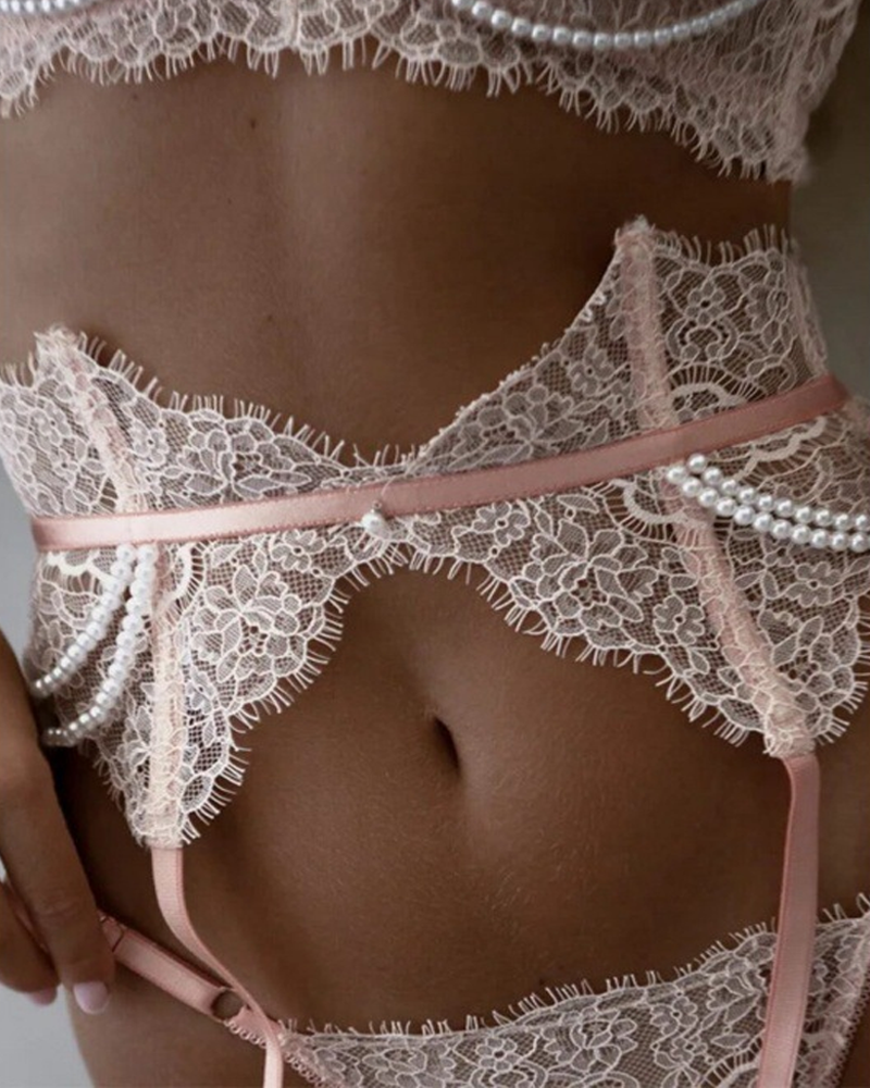 Luxury Pearl Lace Lingerie Set with Boned Waist Corset