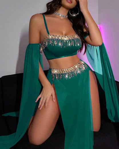 Sexy See-Through Mesh Rhinestone Tassel Embellished Chain Lingerie Set