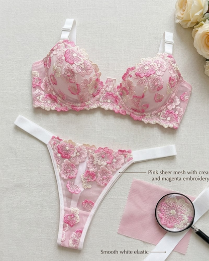 Sweet Floral Embroidered Lingerie Set