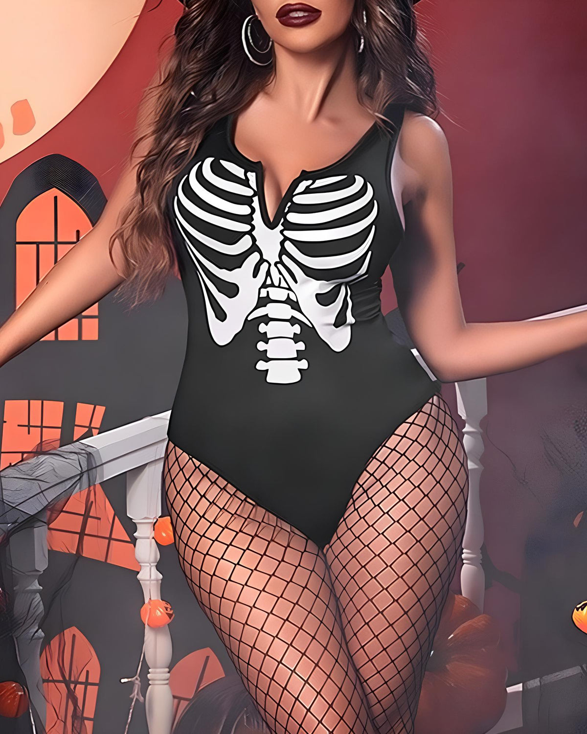 Halloween Cosplay Skull Print Bodysuit with Fishnet Stockings Hat Three-Piece Set