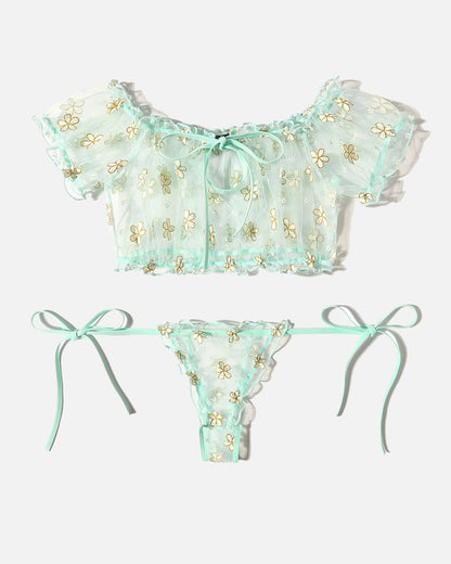 Floral Mesh Ruffle Lingerie Set