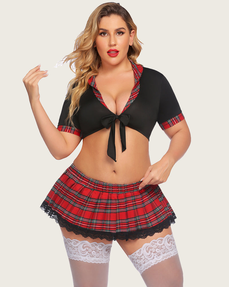 Plus Size Schoolgirl Lingerie with Tie Top and Mini Skirt