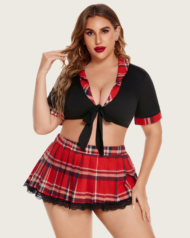 Plus Size Schoolgirl Lingerie with Tie Top and Mini Skirt