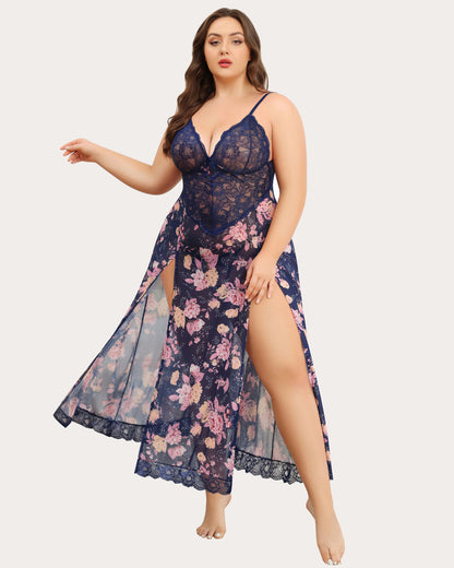 Plus Size Floral Side Slits Nightdress