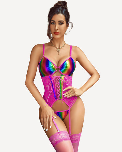 Faux Leather Corset With Garter Belt