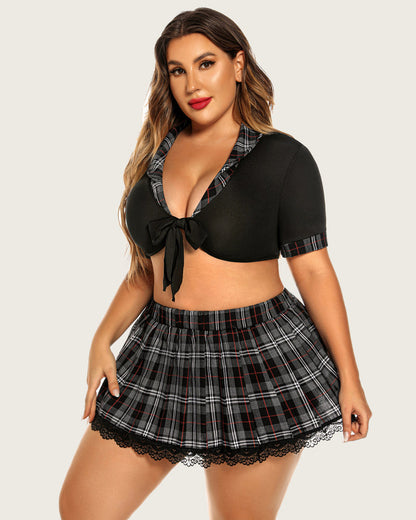 Plus Size Schoolgirl Lingerie with Tie Top and Mini Skirt
