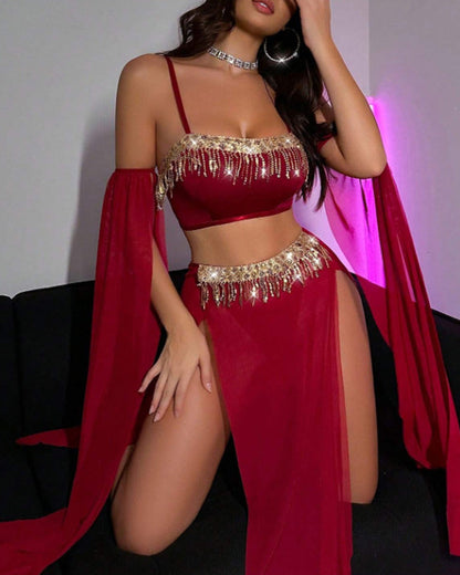 Sexy See-Through Mesh Rhinestone Tassel Embellished Chain Lingerie Set