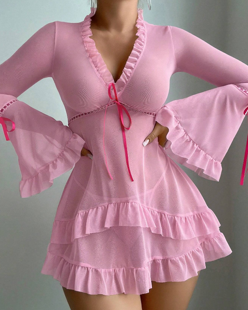 Sexy Sheer Mesh Ruffle Long Sleeve Babydoll Lingerie