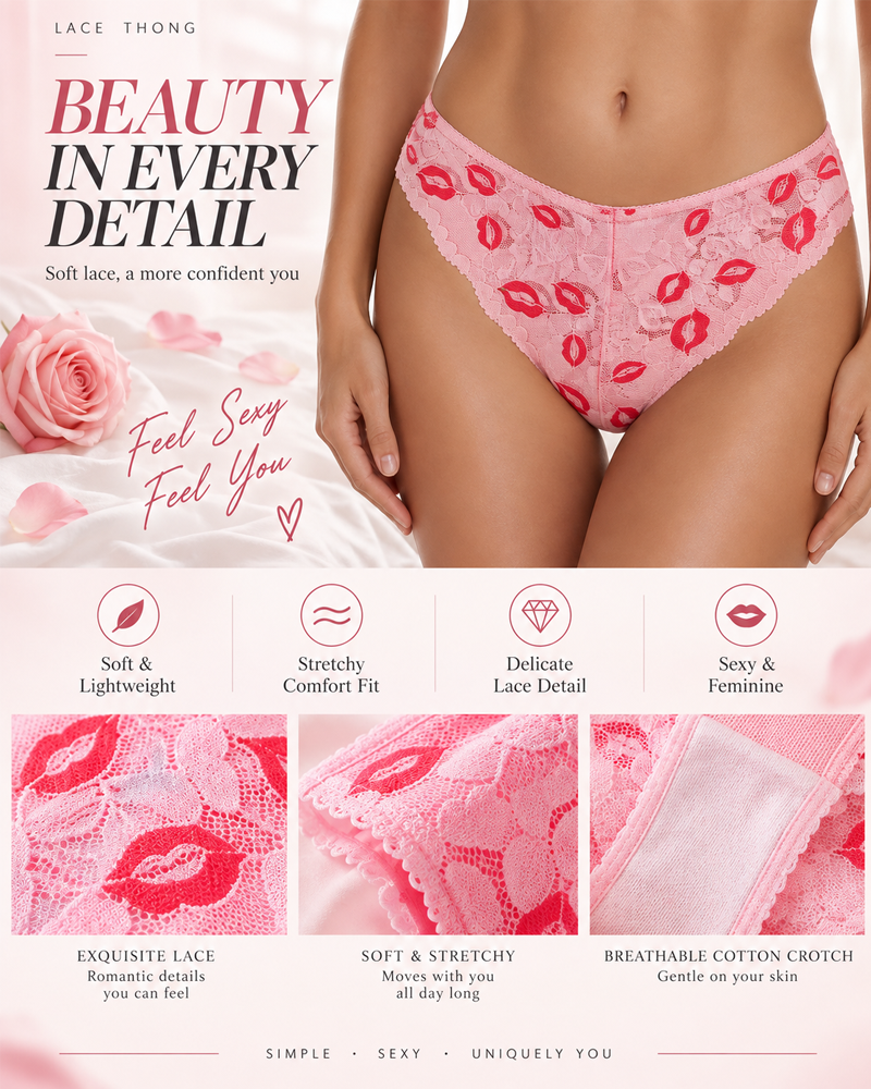 3-Pack Floral Lace Semi-Sheer Low-Rise Briefs Panties with Lip Print