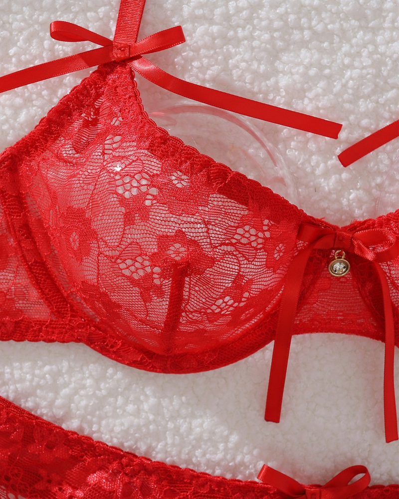 Red Floral Lace Underwire Bra & Panty Set