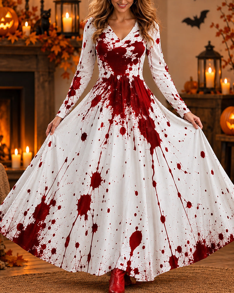 Halloween Cosplay Retro Print Long Sleeve Dress
