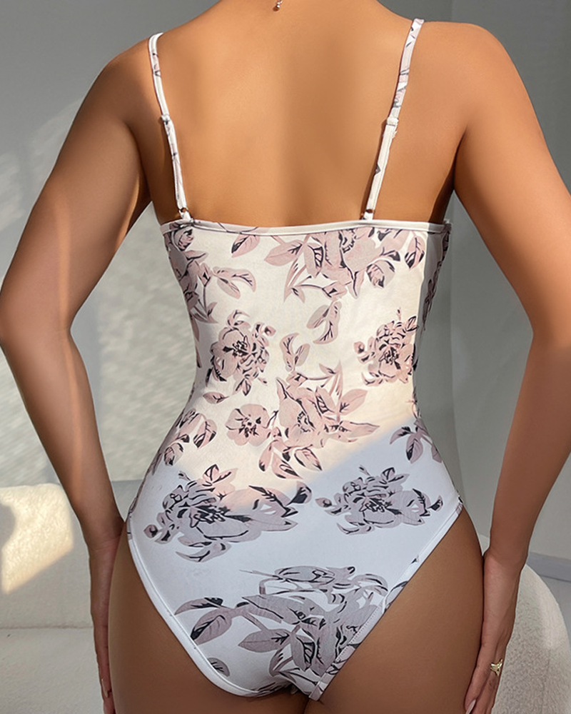Women's Floral Print Corset Bodysuit Structured Cup High-Cut Adjustable Strap Lingerie Top