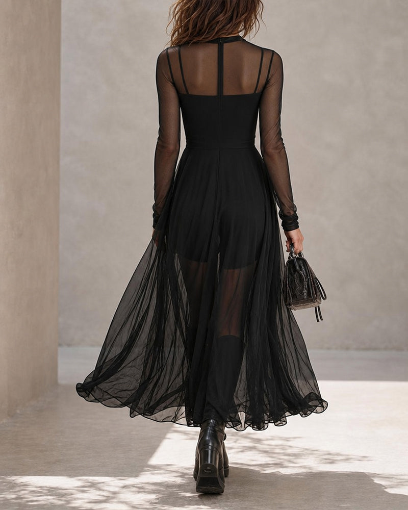 Elegant Sheer Mesh Panel Long Sleeve Long Dress