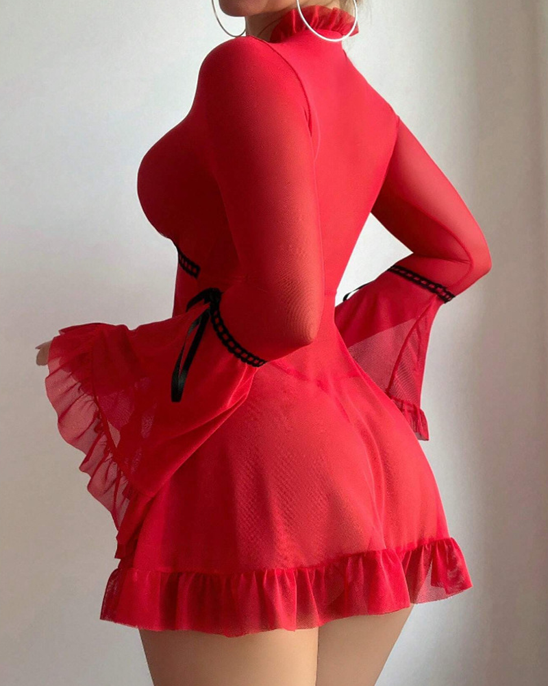 Sexy Sheer Mesh Ruffle Long Sleeve Babydoll Lingerie