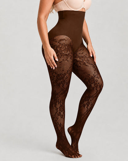 High Waist Control Tummy Floral Lace Shaping Pantyhose
