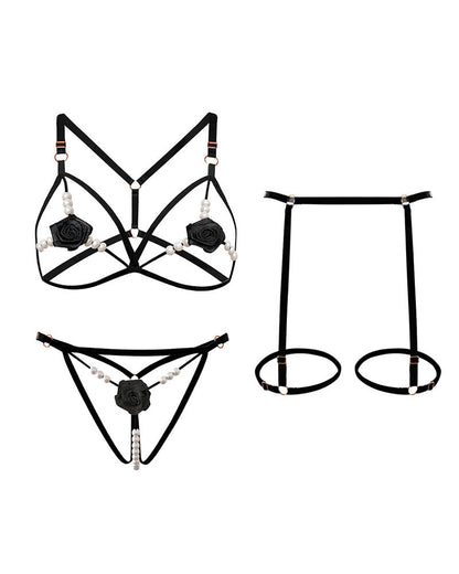 Sexy Rose Beaded Hollow-Out Three-Piece Lingerie Set
