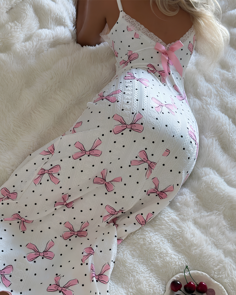 Bow Print Lace Trim Maxi Nightdress with Spaghetti Straps