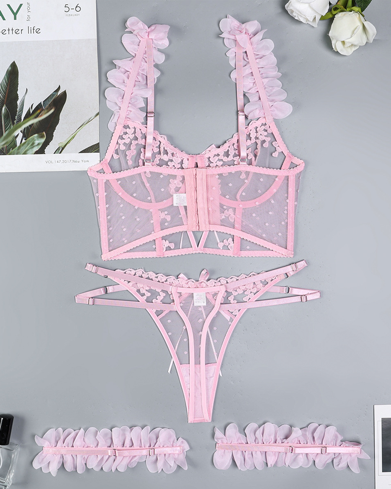 3D Floral Embroidered Lingerie Set with Thigh Garters