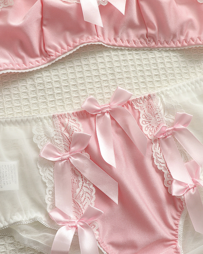 Cute Pink Lace Bow Bralette & Sheer Panty Set