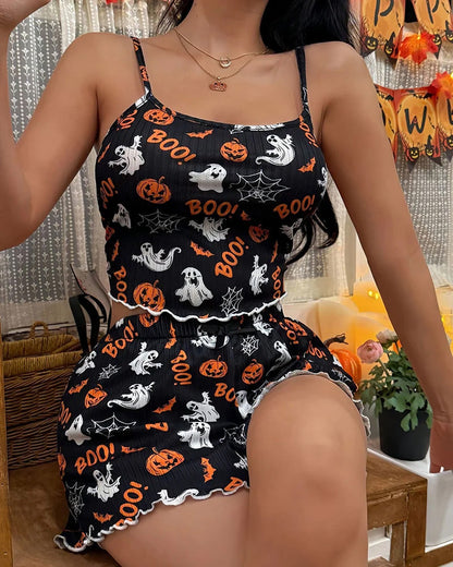 Halloween Casual Print Camisole and Shorts Pajama Set