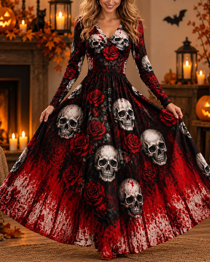 Halloween Cosplay Retro Print Long Sleeve Dress