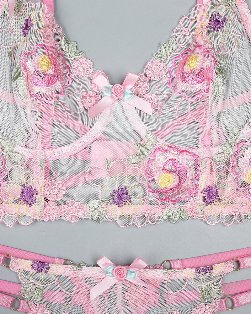 Floral Embroidered Mesh Longline Bra & Thong Set