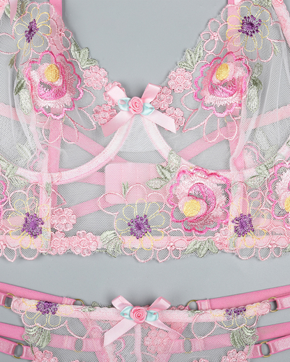 Floral Embroidered Mesh Longline Bra & Thong Set