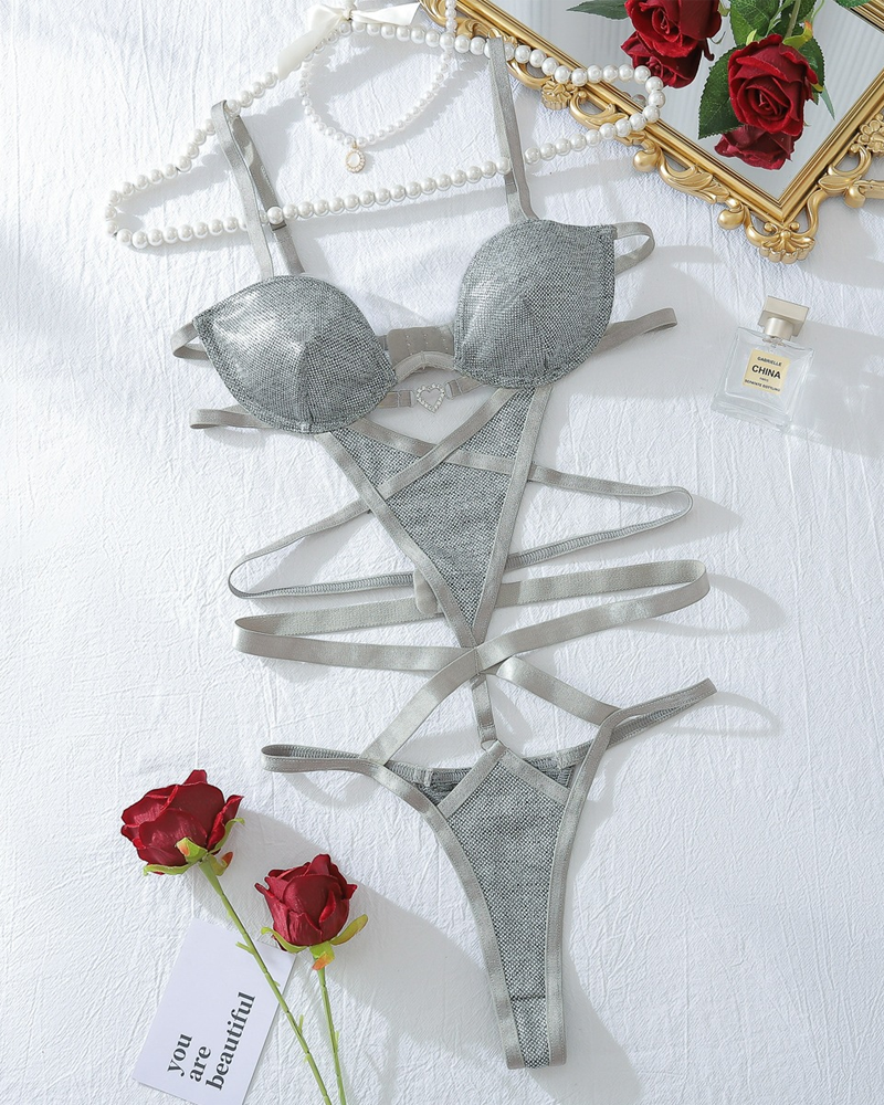 Metallic Silver Strappy Cutout Bodysuit Lingerie