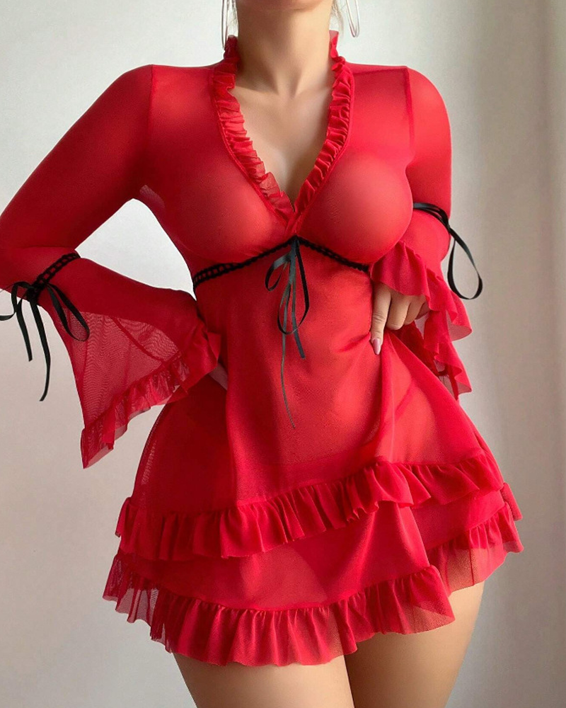 Sexy Sheer Mesh Ruffle Long Sleeve Babydoll Lingerie