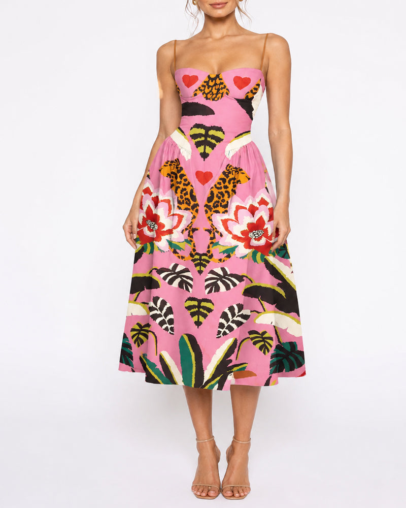 Beach Vacation Retro Floral Print Spaghetti Strap Maxi Dress