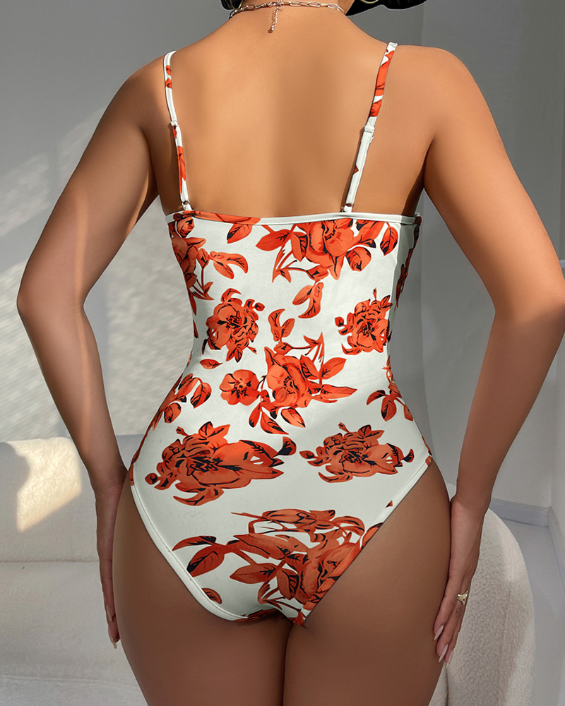 Women's Floral Print Corset Bodysuit Structured Cup High-Cut Adjustable Strap Lingerie Top
