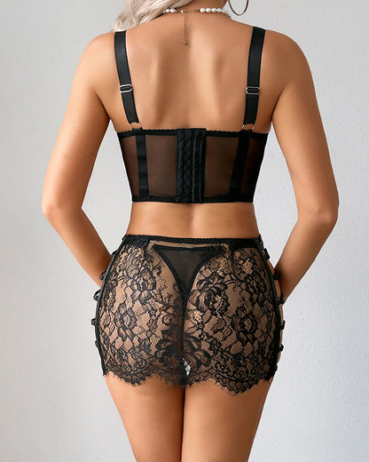 Sexy Hollow-out See-through Mesh Embroidered  Lingerie Set