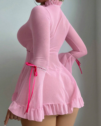 Sexy Sheer Mesh Ruffle Long Sleeve Babydoll Lingerie
