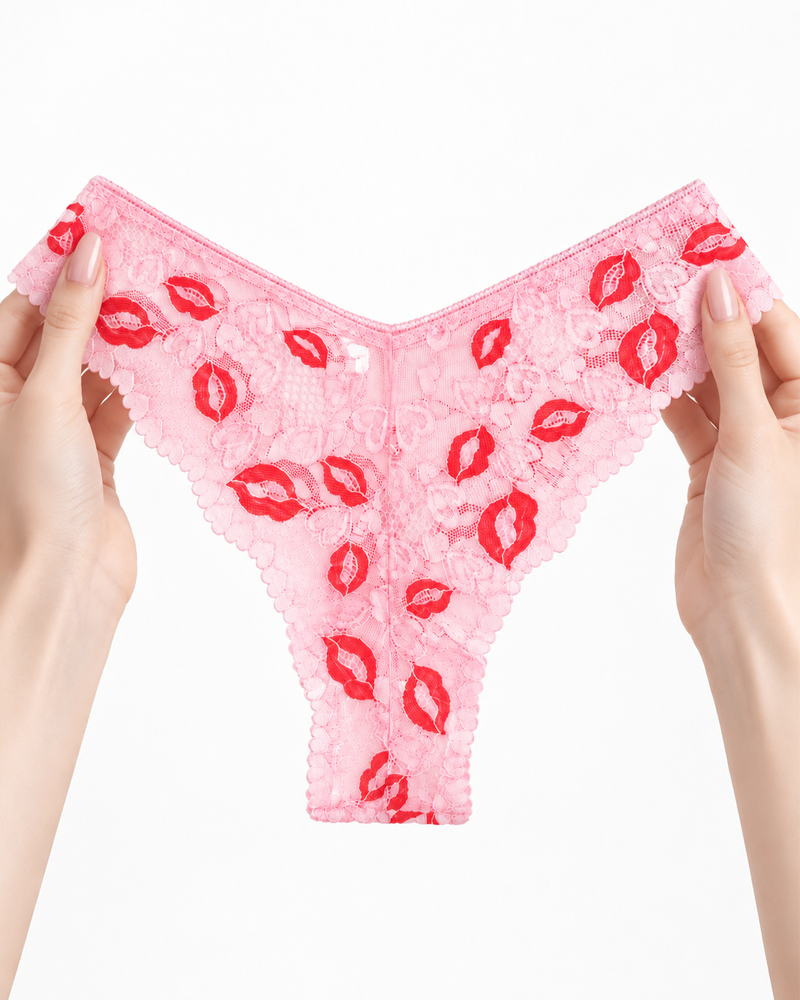3-Pack Floral Lace Semi-Sheer Low-Rise Briefs Panties with Lip Print