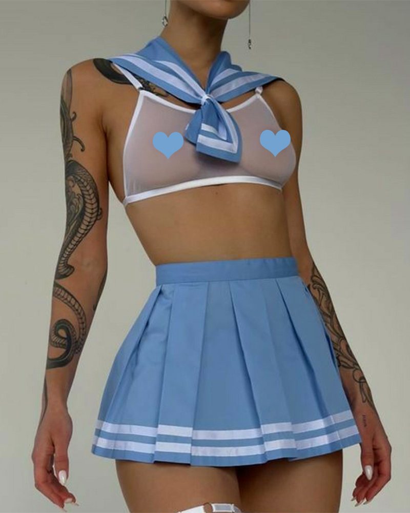 Sailor Mesh Bra & Pleated Skirt Lingerie Costume Set