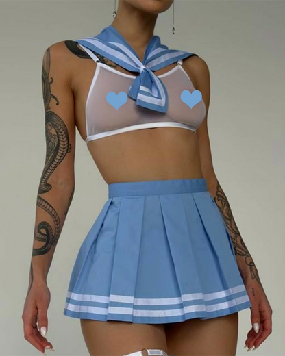 Sailor Mesh Bra & Pleated Skirt Lingerie Costume Set