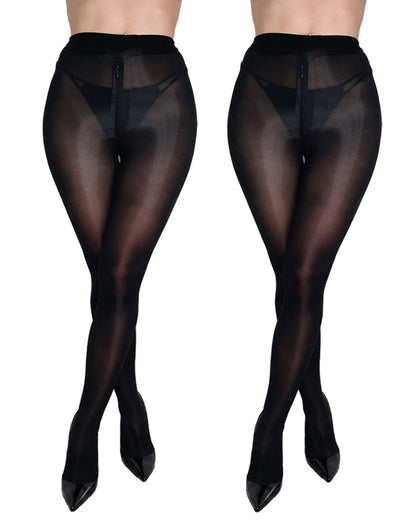Two Pairs High Waisted Silky Shiny Transparent with Zipper Crotch Pantyhose