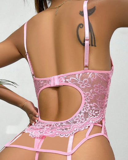 Women's Floral Lace See-Through Mesh Garter Lingerie Set